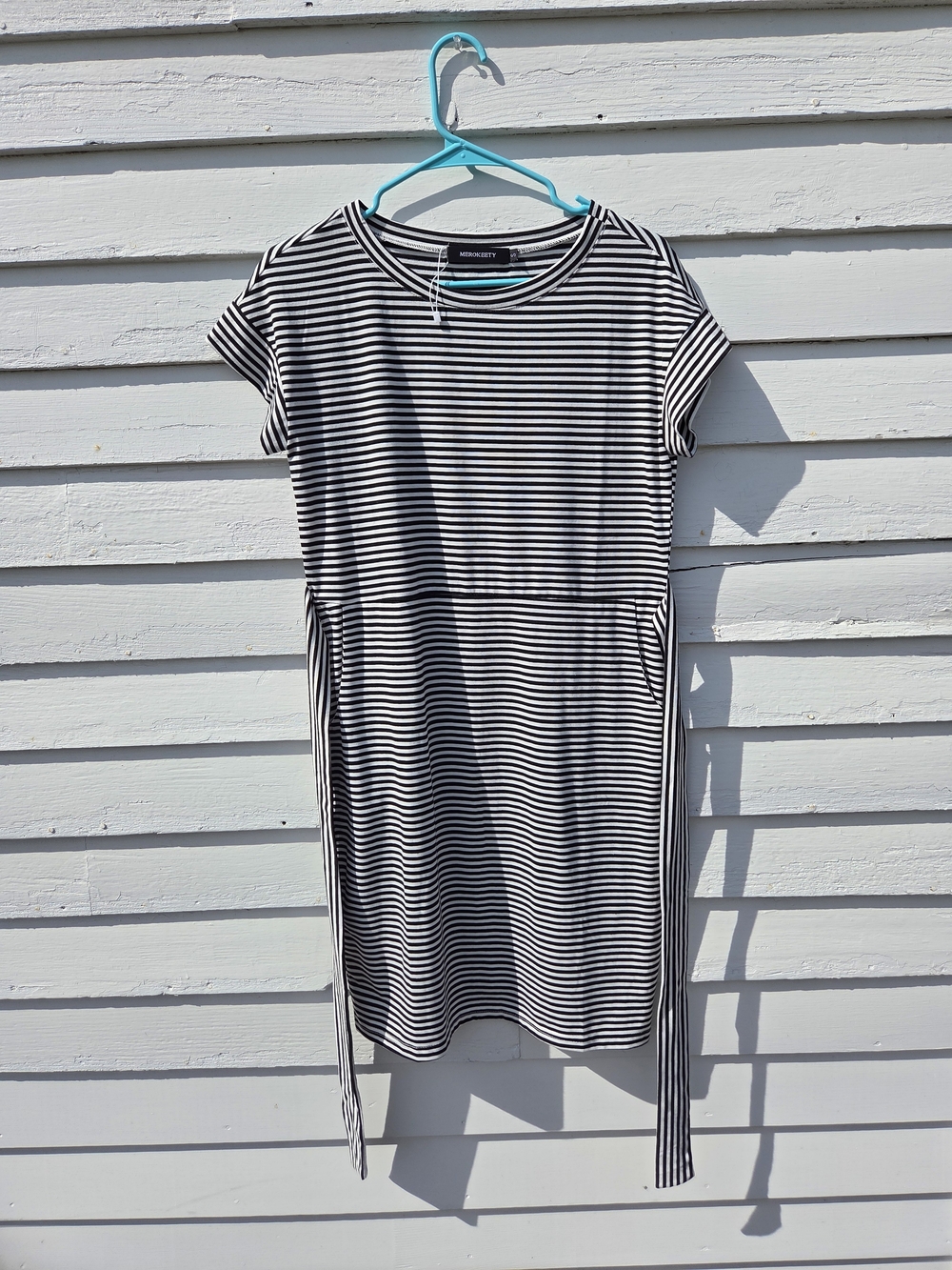 Classic Black & White Striped Midi Dress with Tie Back - Picture 3 of 9